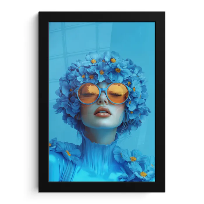 Vrouw - Bloem - Blauw - Modern - Bril - Portret fotolijst zwart zonder passe partout klein -3d