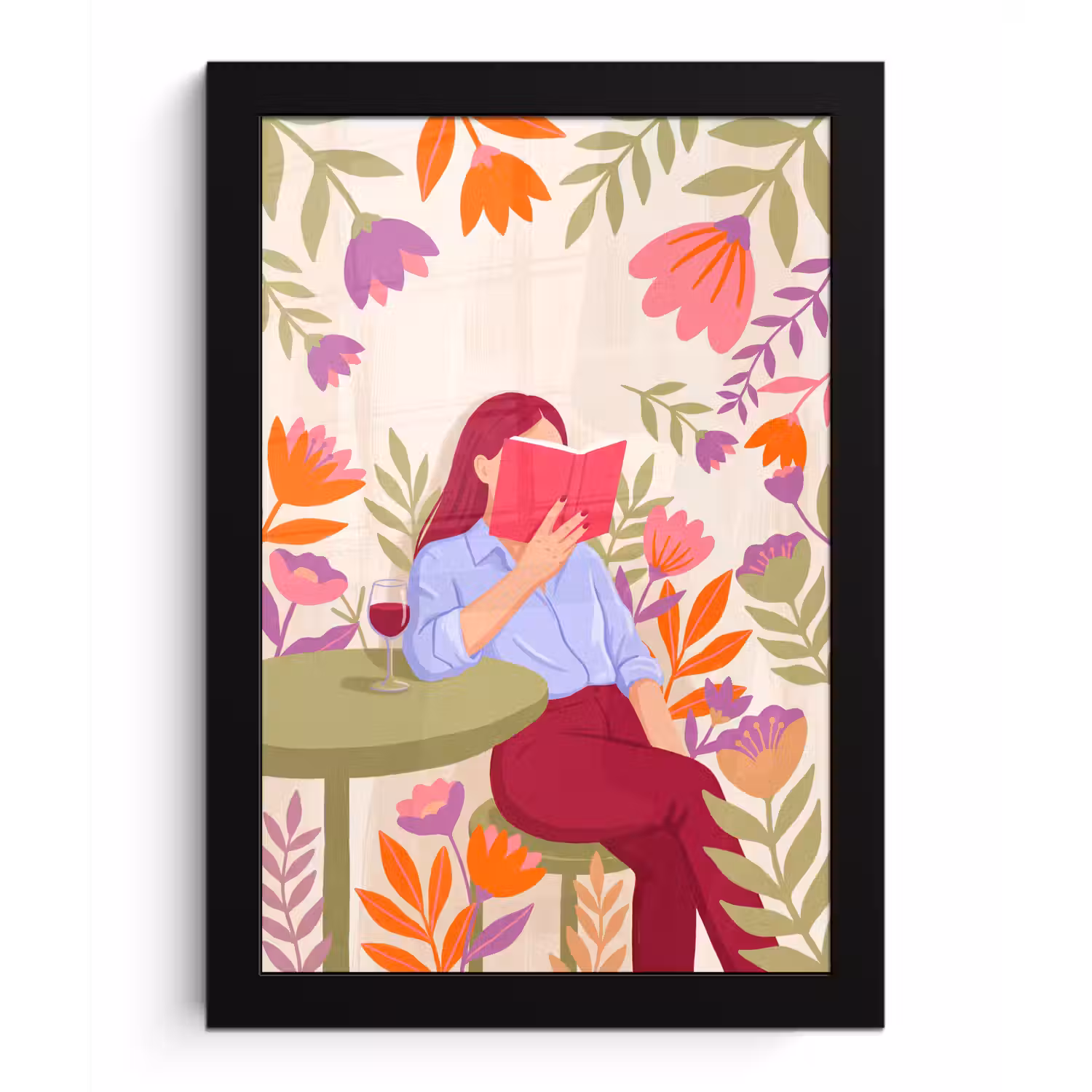 Vrouw - Lezen - Thuis - Modern - Bloemen fotolijst zwart zonder passe partout klein -3d