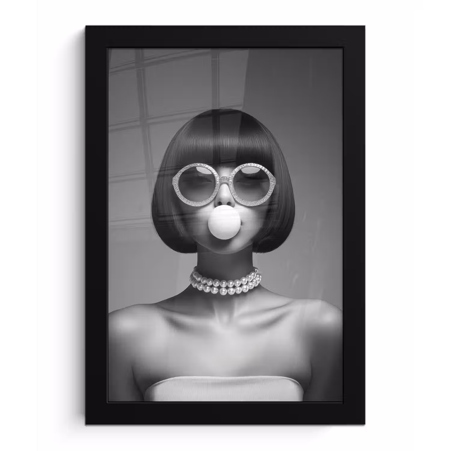 Vrouw - Zwart Wit - Ketting - Zonnebril fotolijst zwart zonder passe partout klein -3d