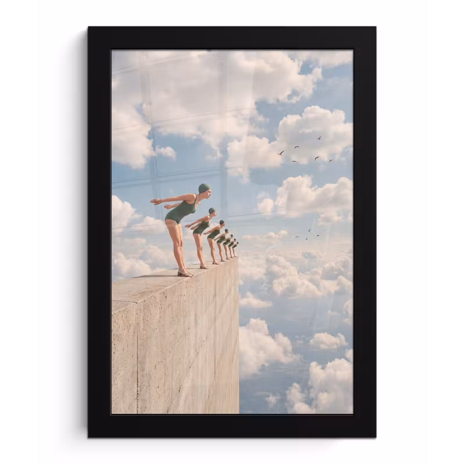 Poster met lijst - Vrouwen - Duikhouding - Wolken - Vrouwen - Duikhouding - Wolken fotolijst zwart zonder passe partout klein