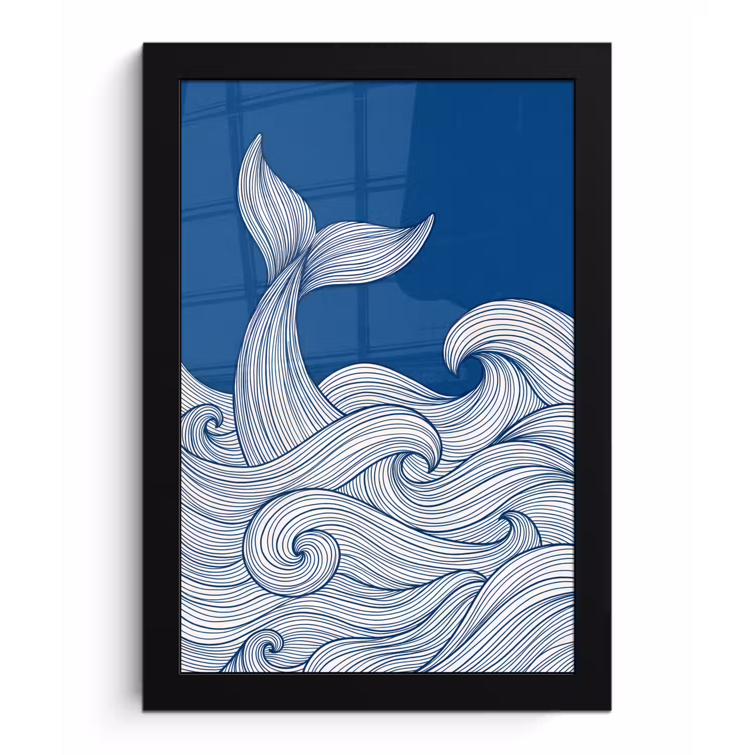 Walvis - Staart - Golven - Lijntekening - Blauw fotolijst zwart zonder passe partout klein -3d