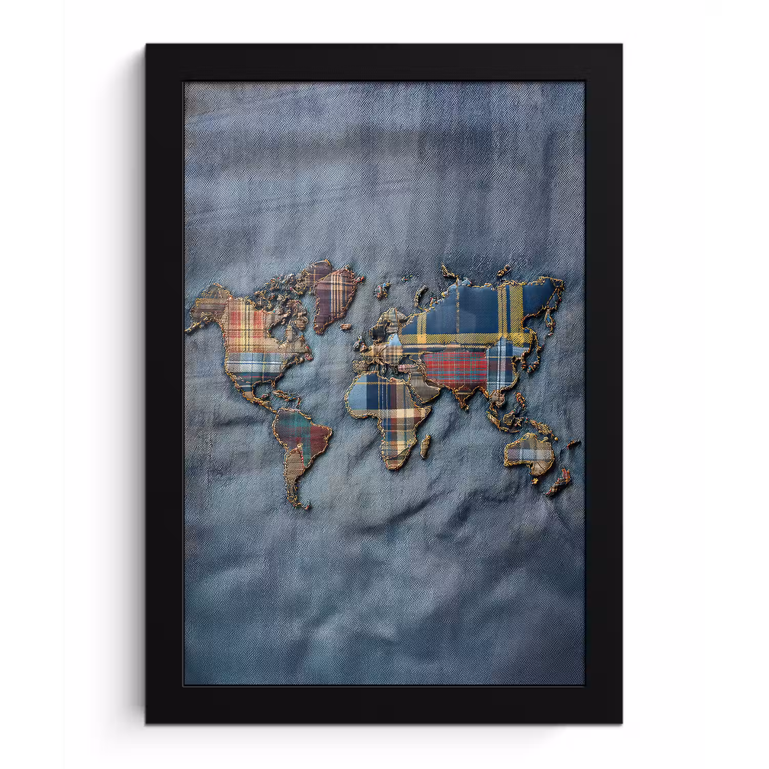 Wereldkaart - Denim - Textiel fotolijst zwart zonder passe partout klein -3d