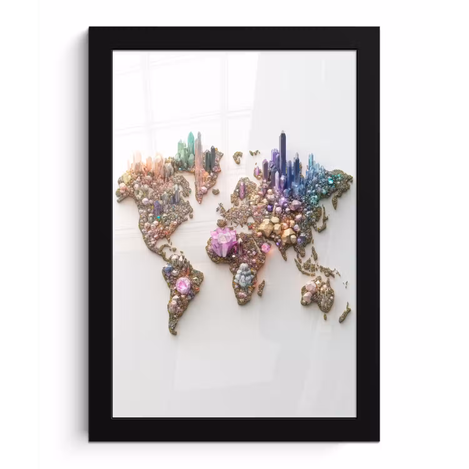 Wereldkaart - Kristallen - Unieke tinten fotolijst zwart zonder passe partout klein -3d