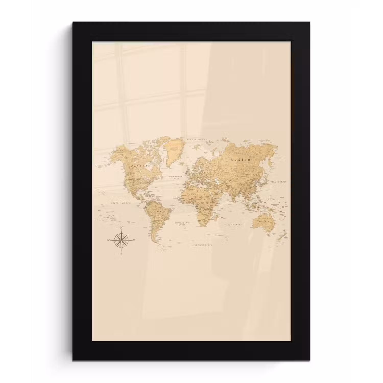Wereldkaart - Realistisch - Beige fotolijst zwart zonder passe partout klein -3d