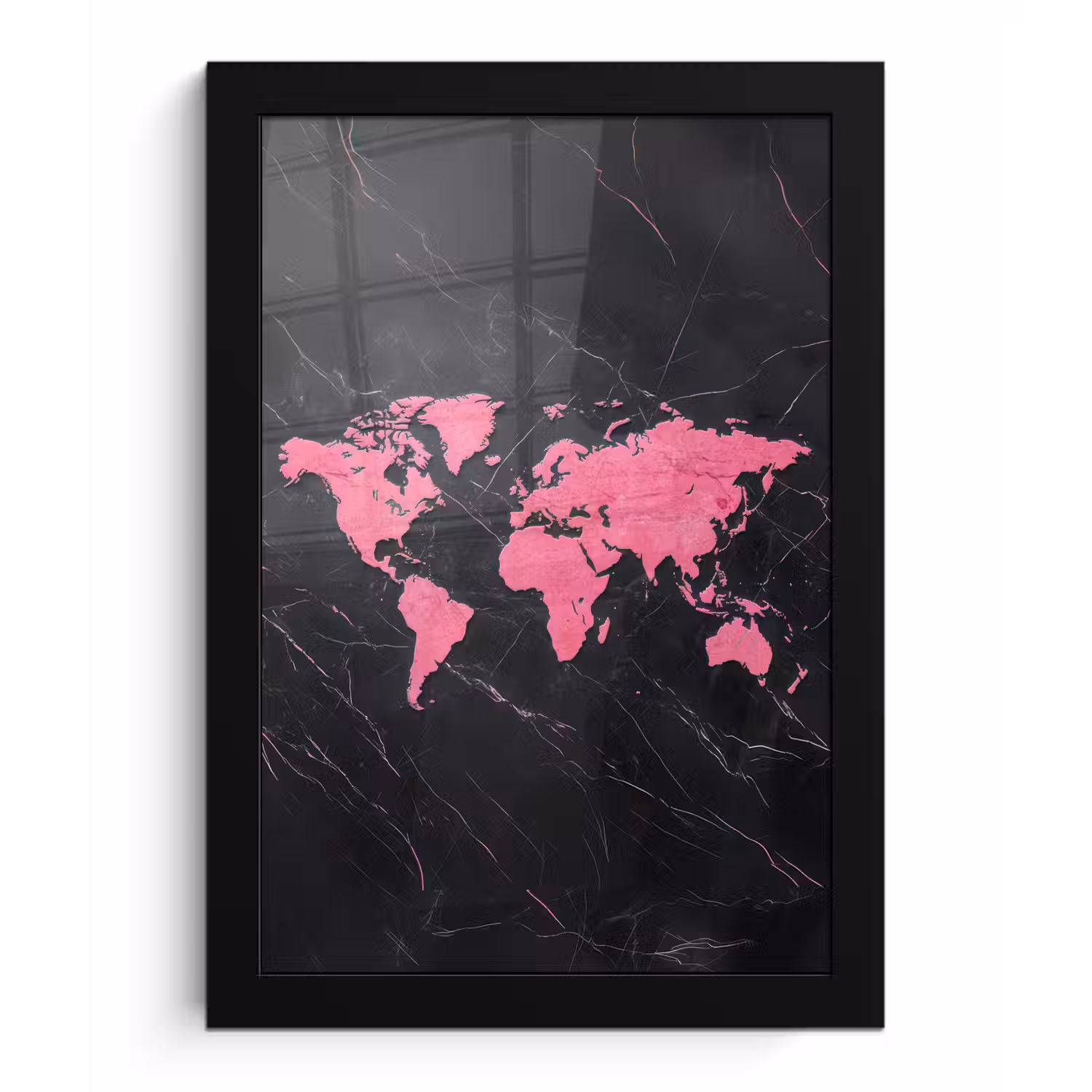Wereldkaart - Roze - Marmer fotolijst zwart zonder passe partout klein -3d