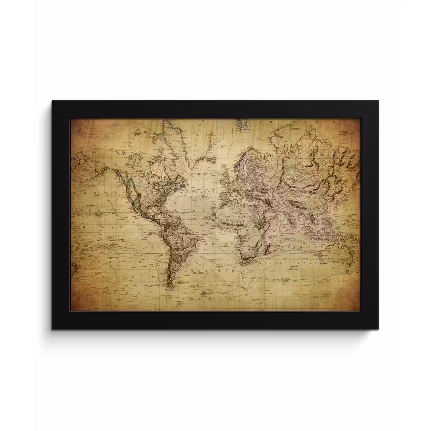 Wereldkaart - Vintage - Antiek - Bruin - Papier fotolijst zwart zonder passe partout klein -3d