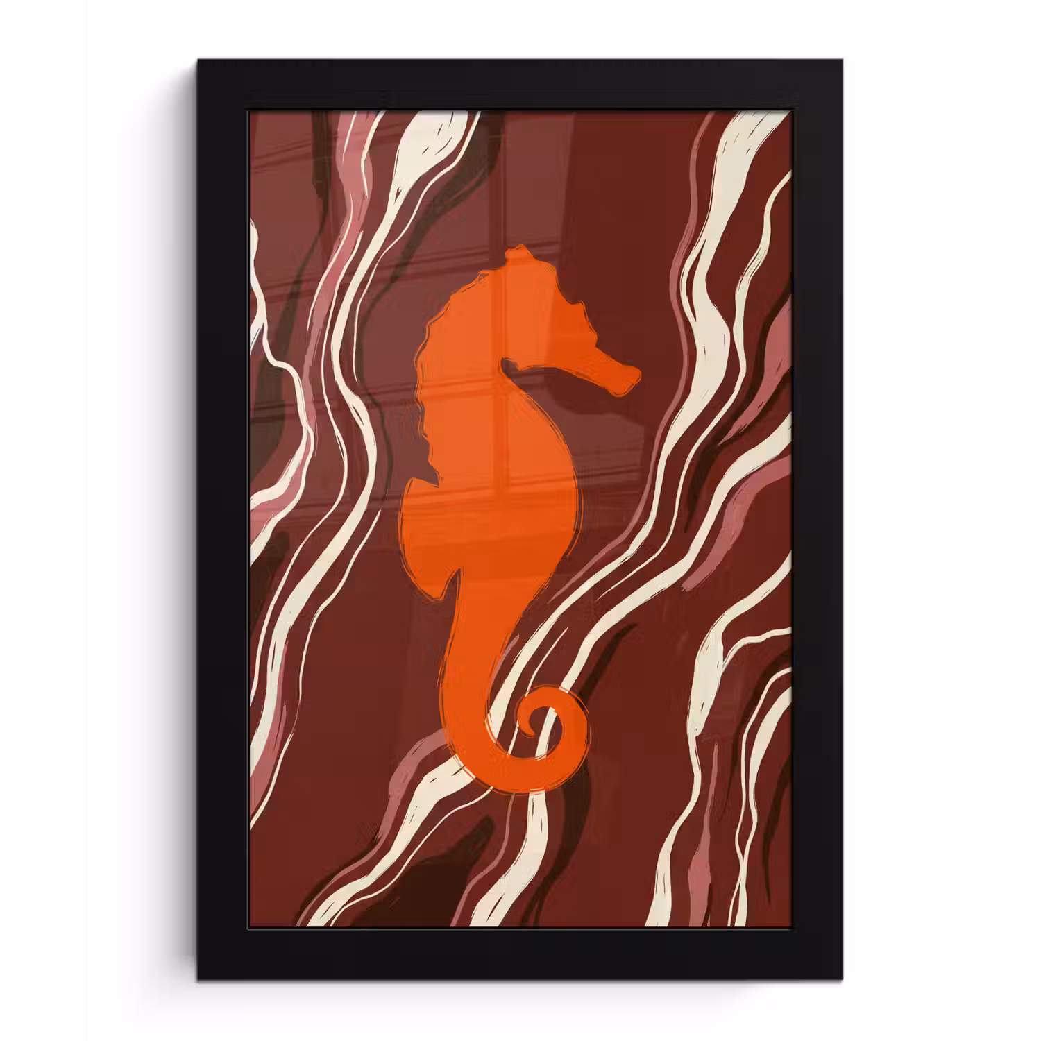 Zeepaardje - Golven - Zeeleven - Abstract - Oranje fotolijst zwart zonder passe partout klein -3d