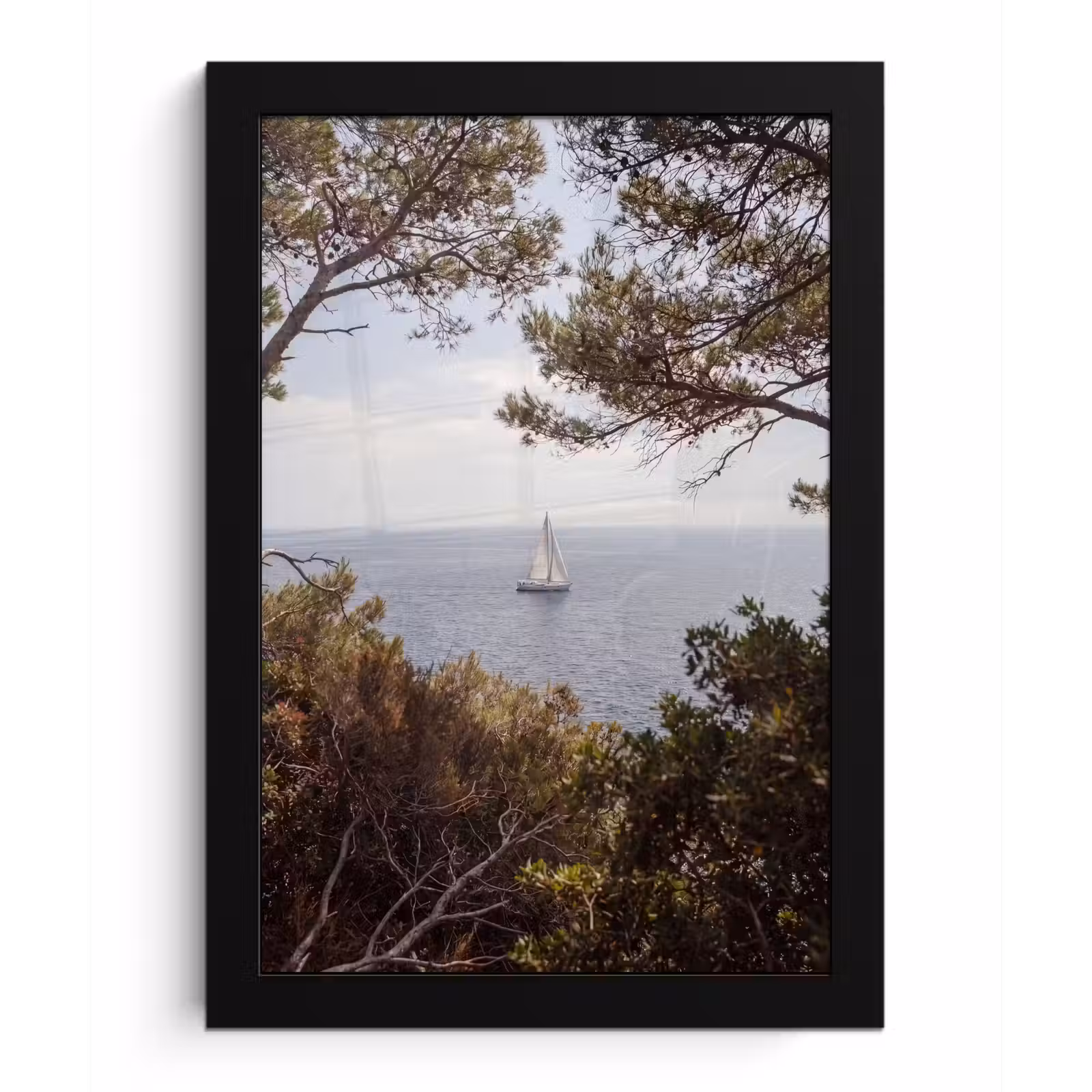 Poster met lijst - Zeilboot - bomen - water - Zeilboot - bomen - water fotolijst zwart zonder passe partout klein