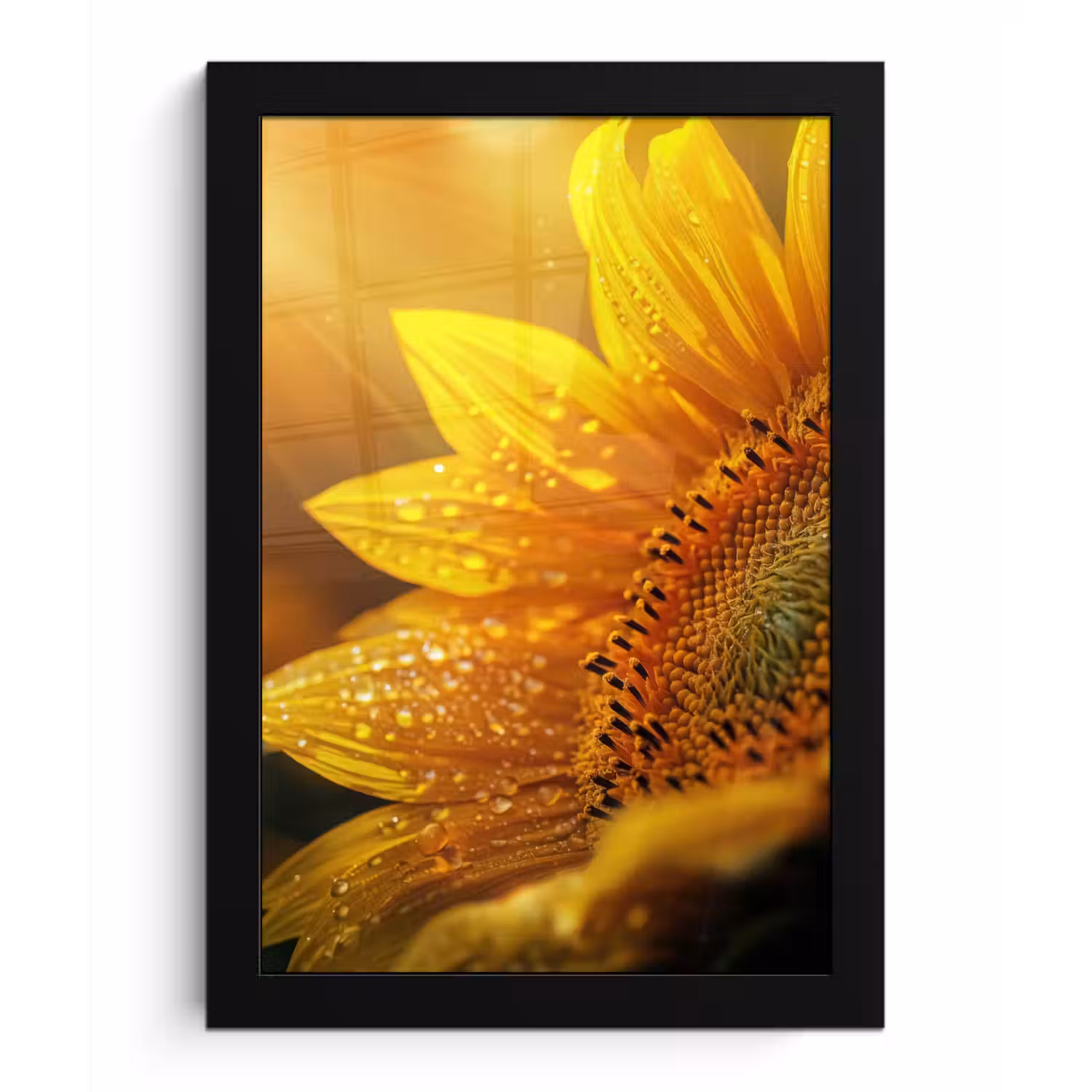 Zonnebloem - Dauwdruppels - Geel - Zonlicht fotolijst zwart zonder passe partout klein -3d