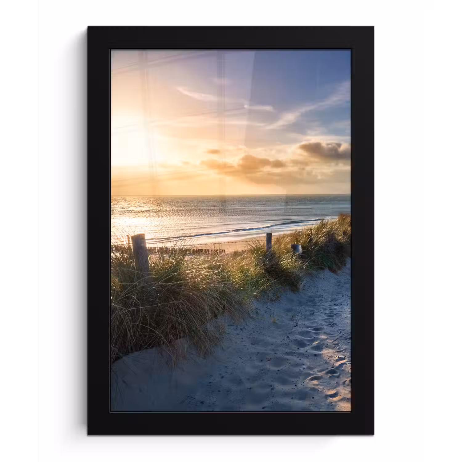 Zonsondergang - Strand - Duin - Gras - Bank fotolijst zwart zonder passe partout klein -3d