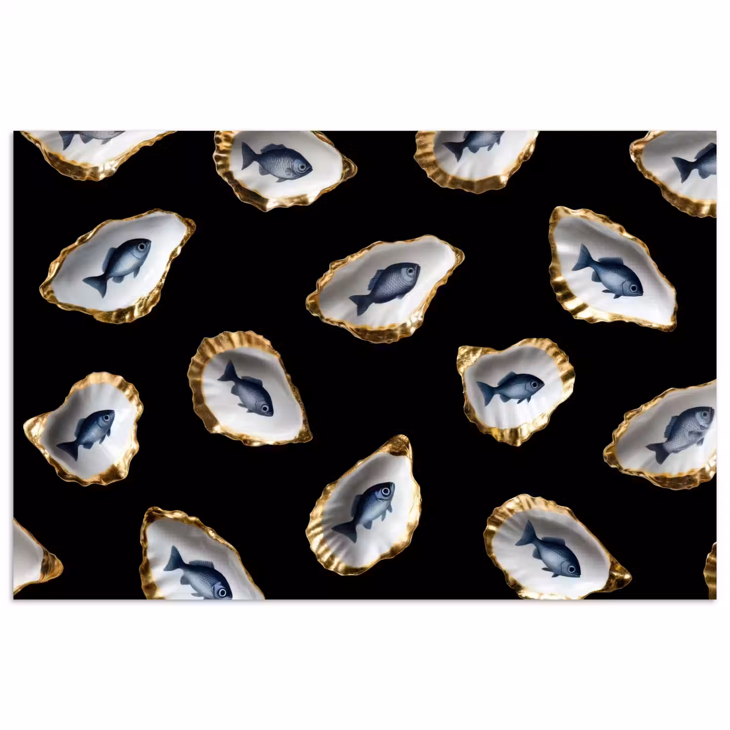 Oesters - Vissen - Blauw - Goud poster papier klein -3d