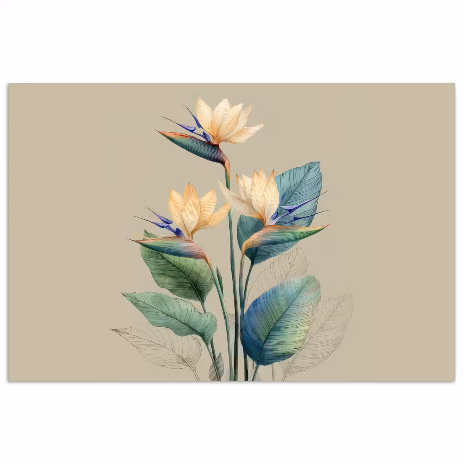 Paradijsvogelbloemen - Blauwgroene bladeren - Beige poster papier klein -3d