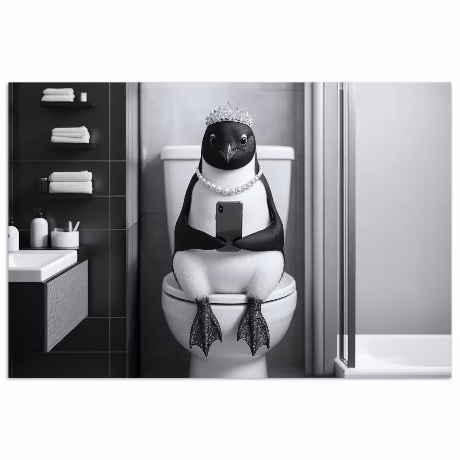 Pinguïn - Telefoon - Toilet - Zwart - Wit poster papier klein -3d