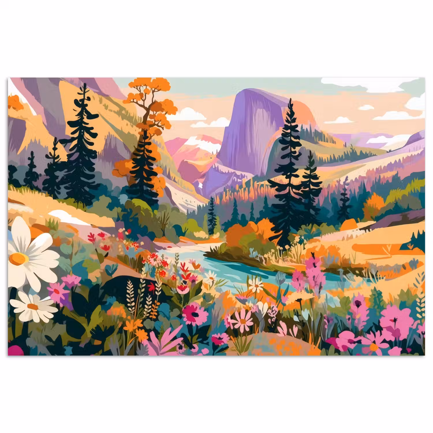 Rivier - Vallei vol bloemen - Levendig poster papier klein -3d