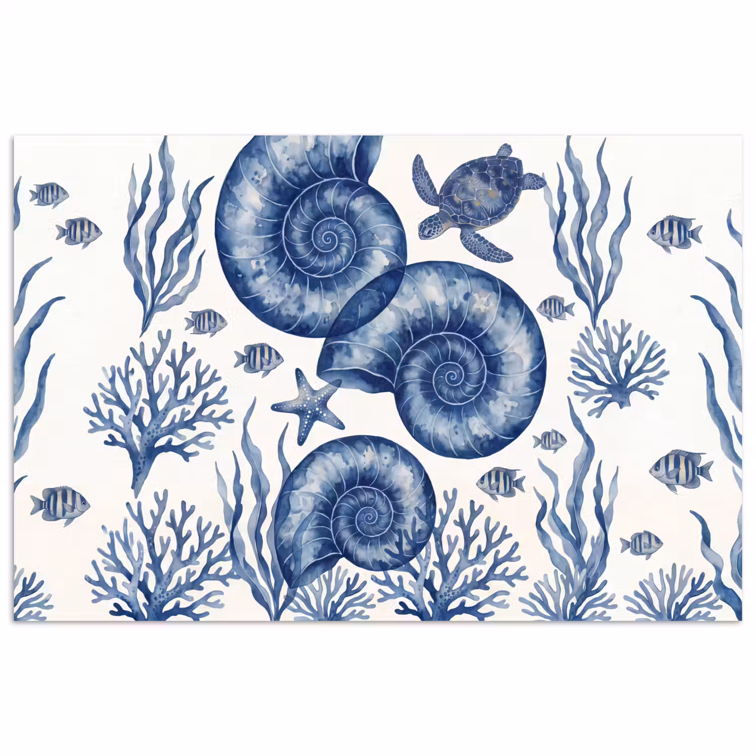 Schelp - Spiraal - Zeeleven - Aquarel - Blauw poster papier klein -3d