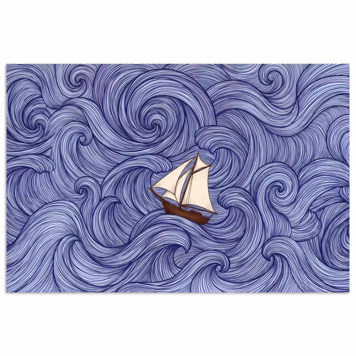 Schip - Golven - Zee - Illustratie - Blauw poster papier klein -3d