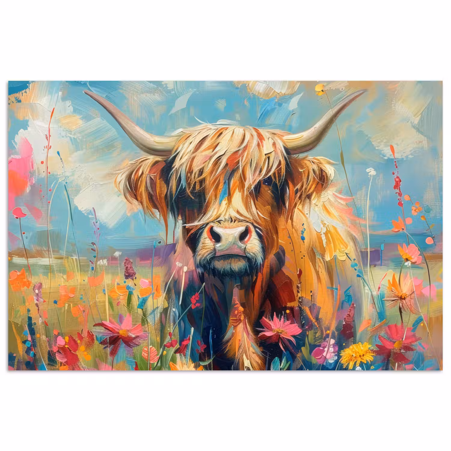 Schotse hooglander - Natuur - Kleurrijk - Bloemen poster papier klein -3d