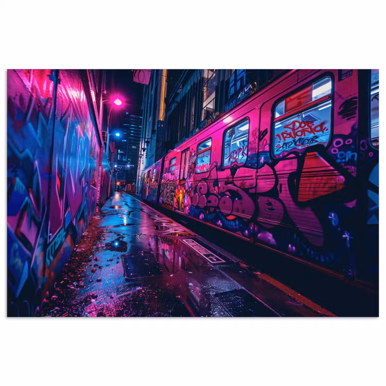 Stad - Neon - Nacht - Roze - Graffiti poster papier klein -3d