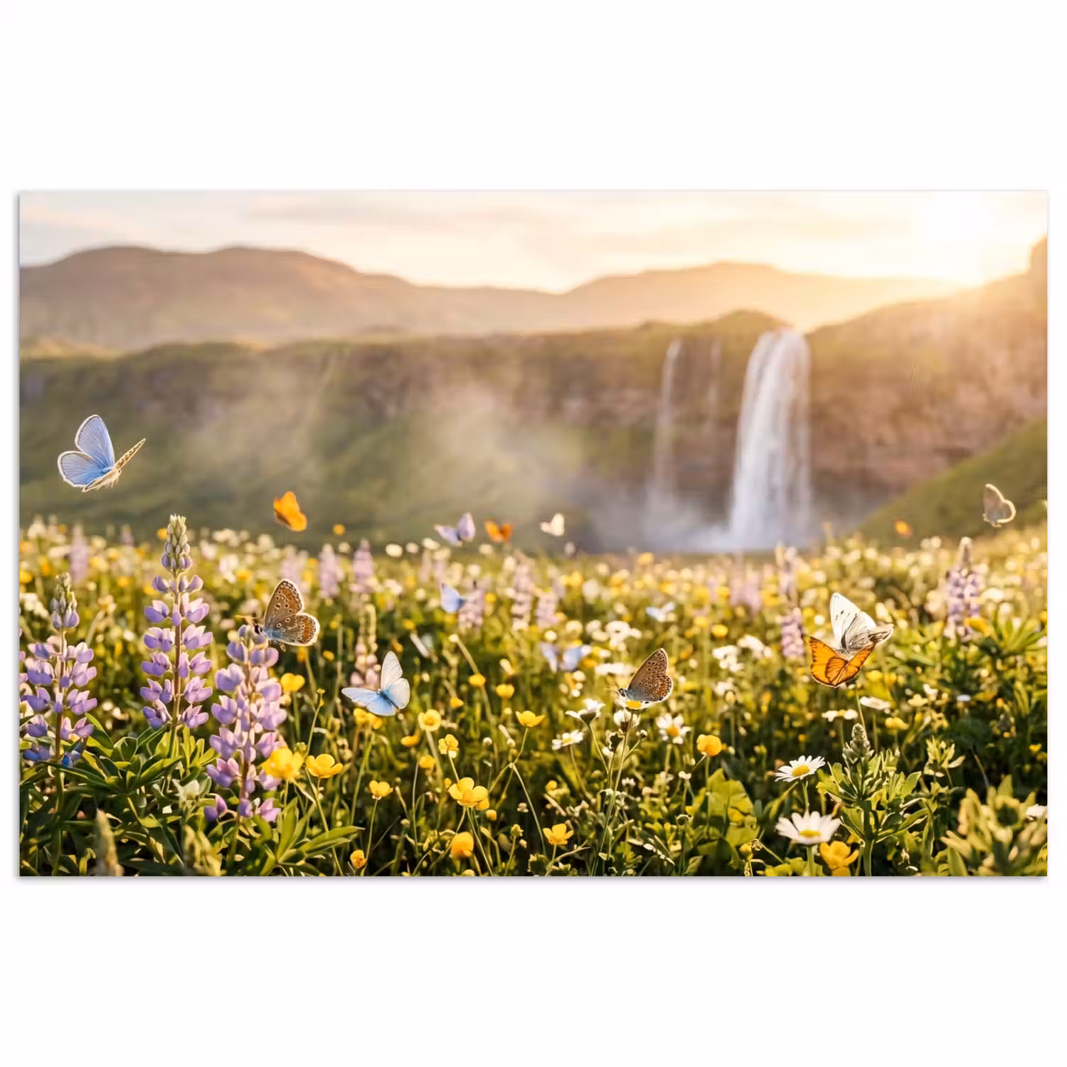 Vlinders - Waterval - Bloemenveld poster papier klein -3d