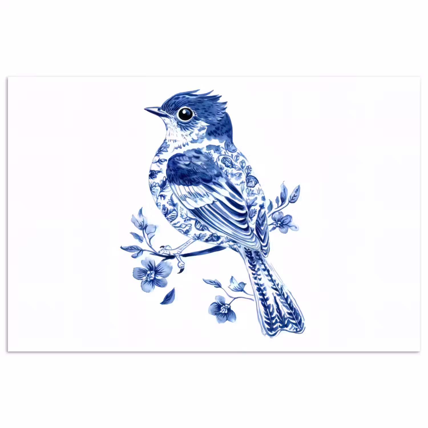 Vogel - Delfts blauw - Illustratie - Bloemen poster papier klein -3d