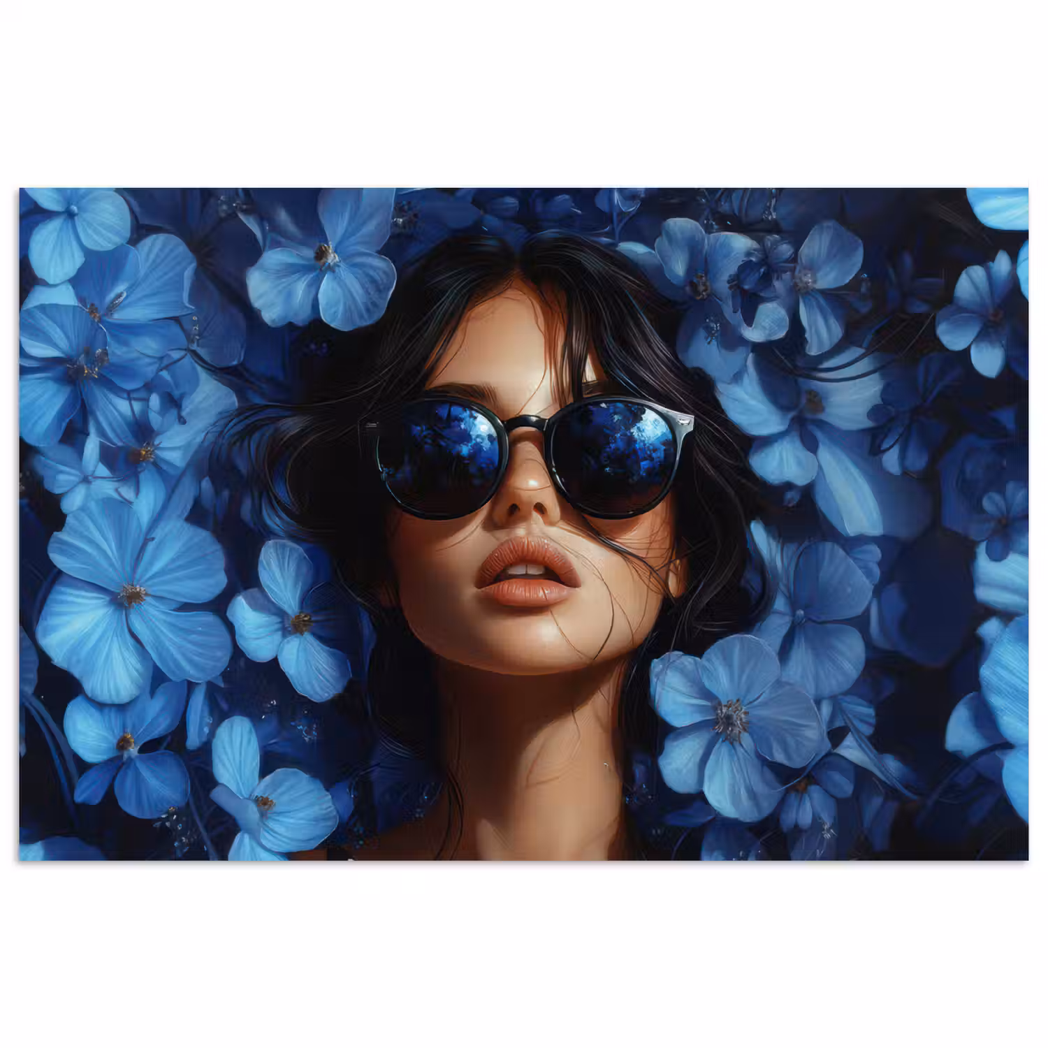 Vrouw - Blauw - Bloemen - Vlinders - Natuur poster papier klein -3d