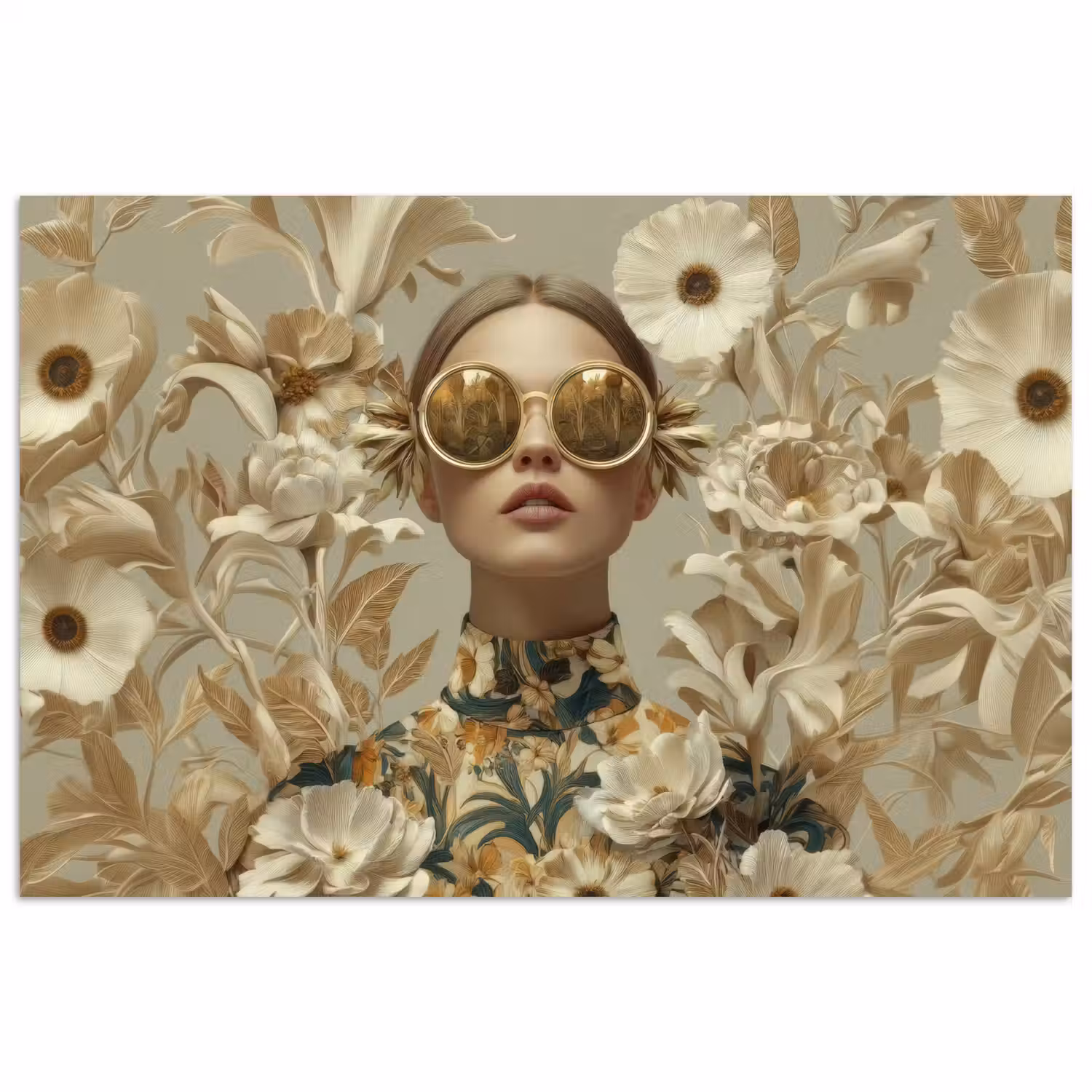 Vrouw - Bloemen - Zonnebril - Wit poster papier klein -3d