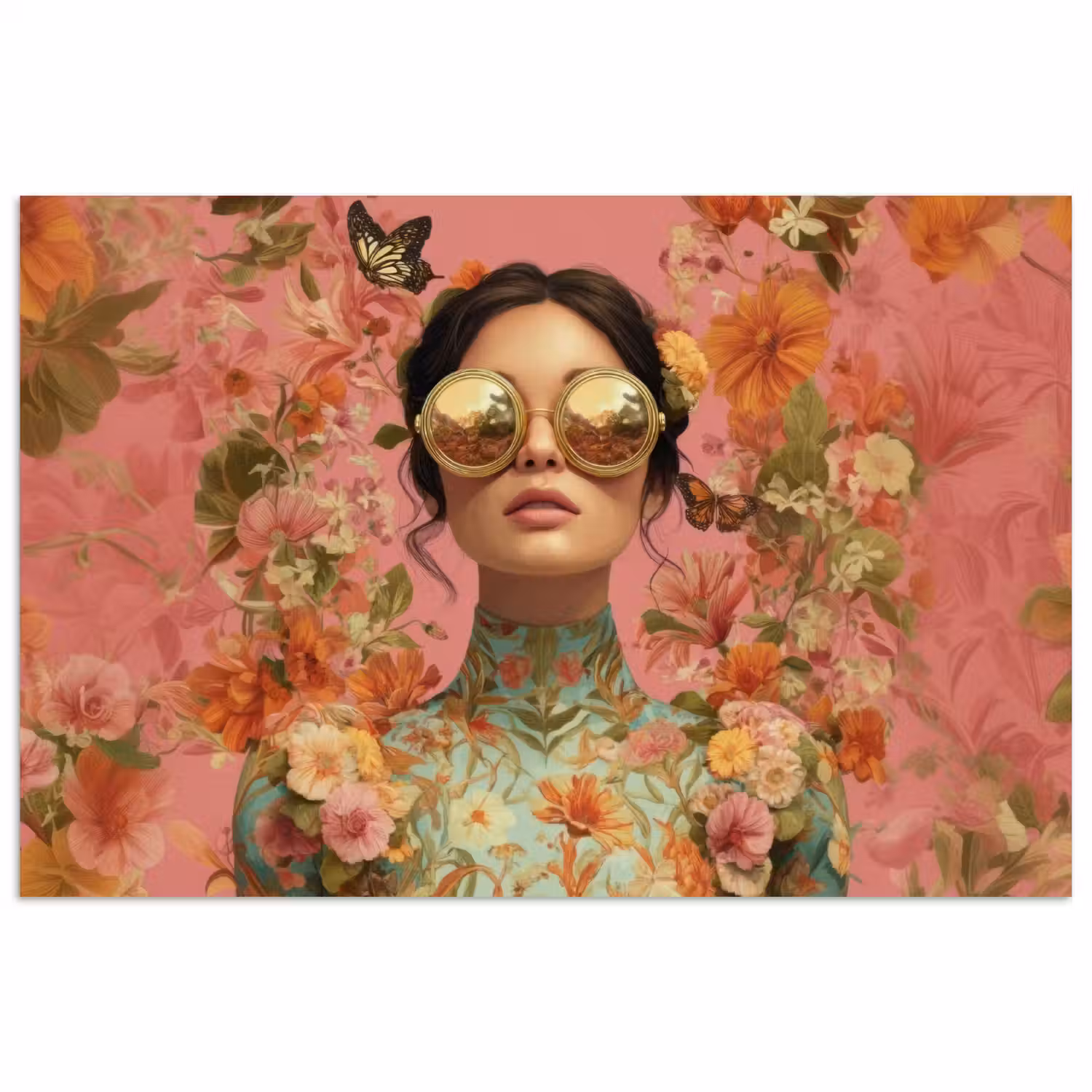 Vrouw - Bril - Roze - Bloemen poster papier klein -3d