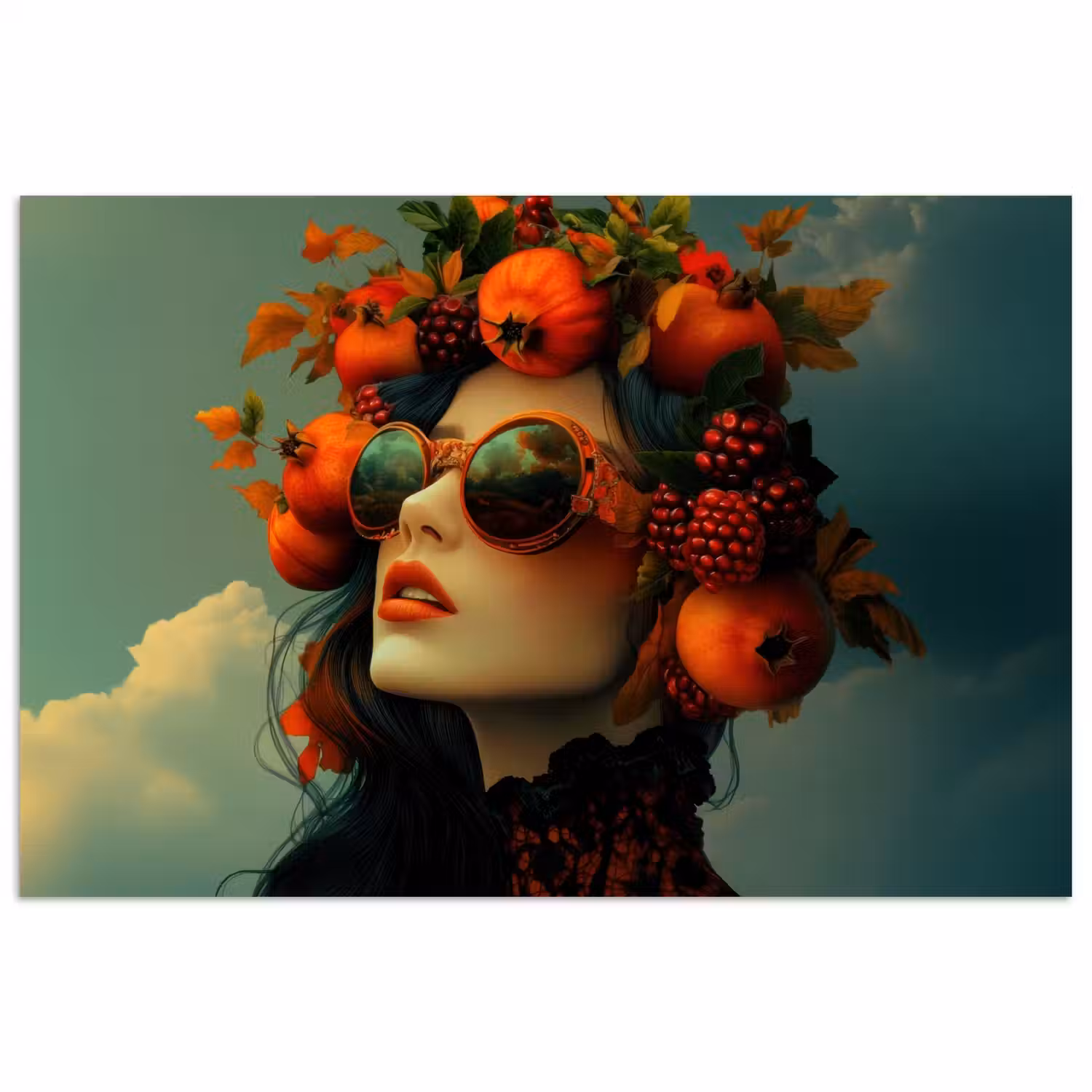 Vrouw - Granaatappel - Herfst - Zonnebril poster papier klein -3d