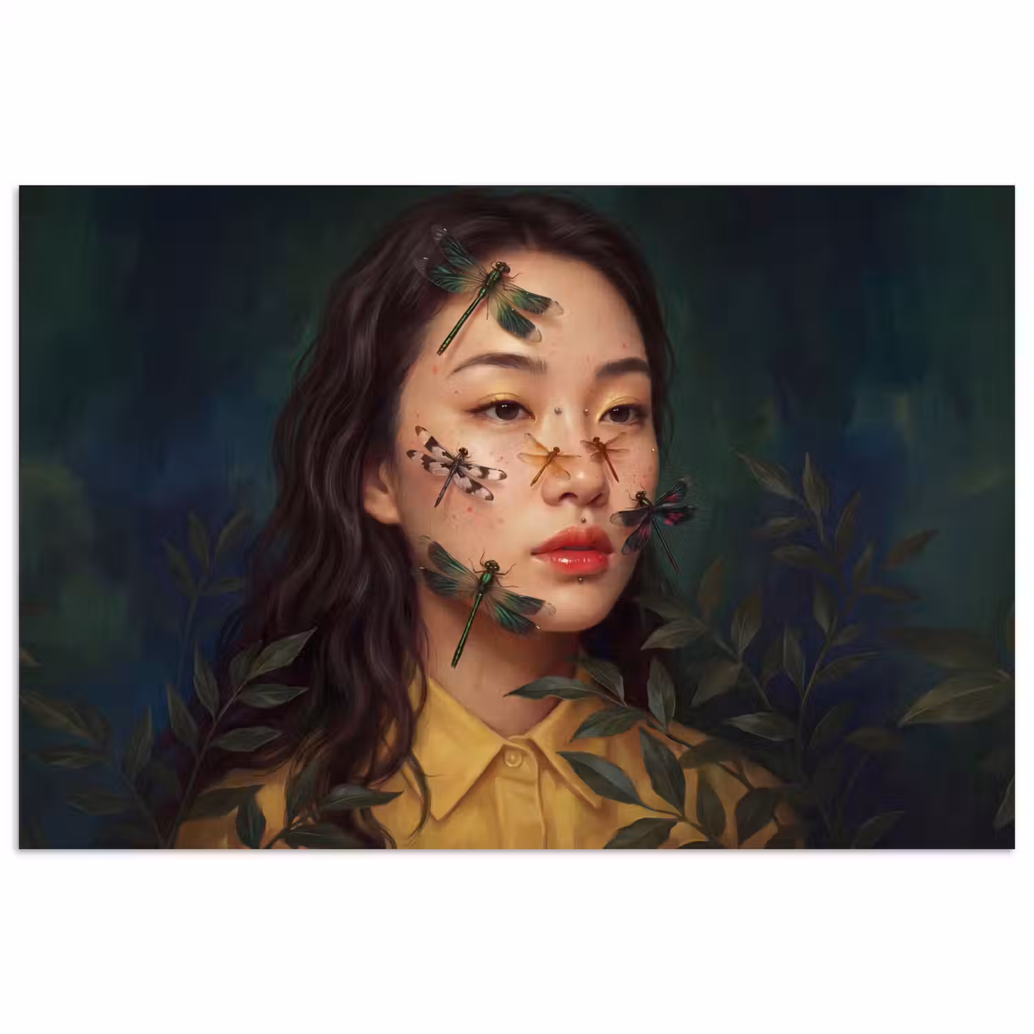 Vrouw - Insecten - Natuur - Portret - Groen poster papier klein -3d