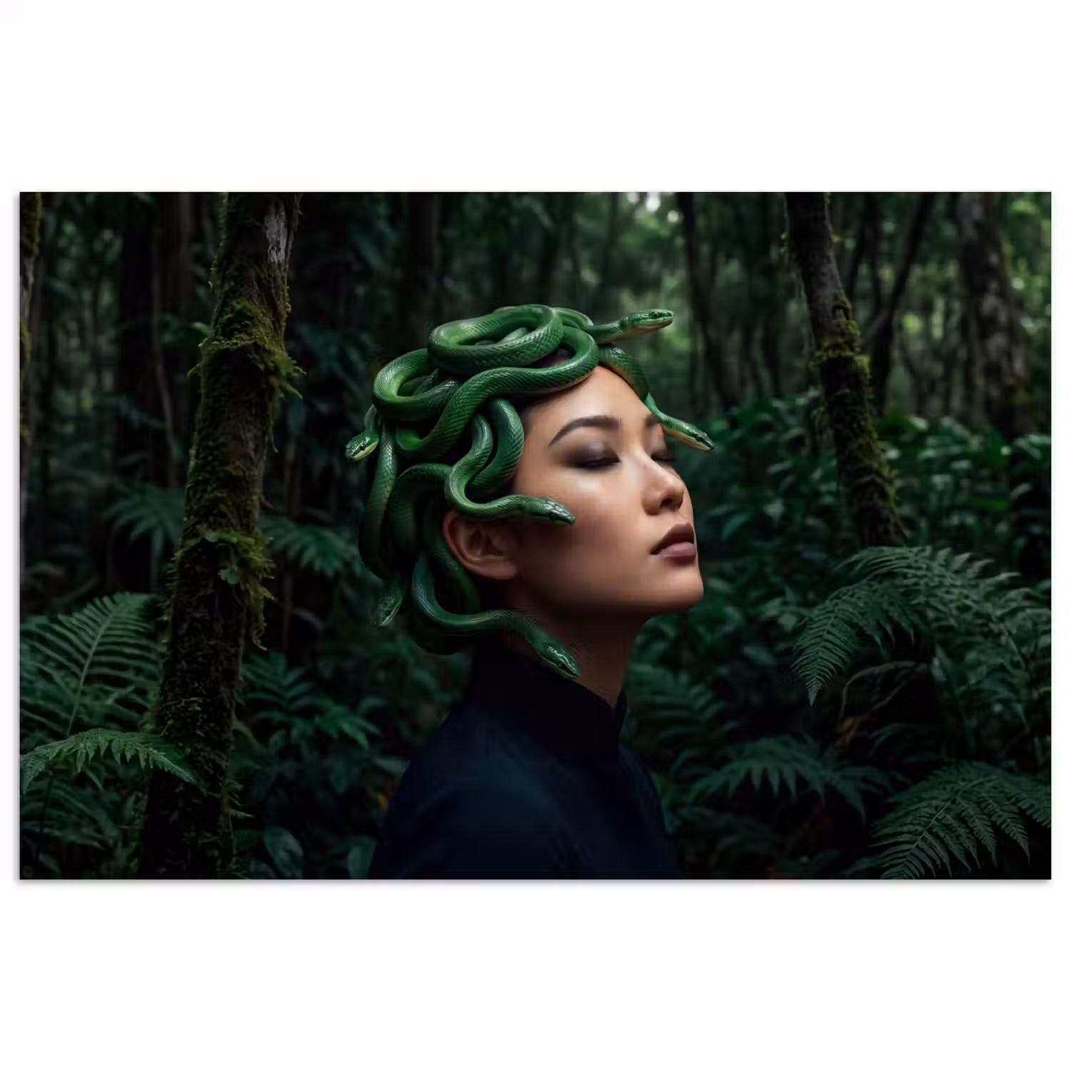 Vrouw - Slang - Natuur - Mystiek - Groen poster papier klein -3d