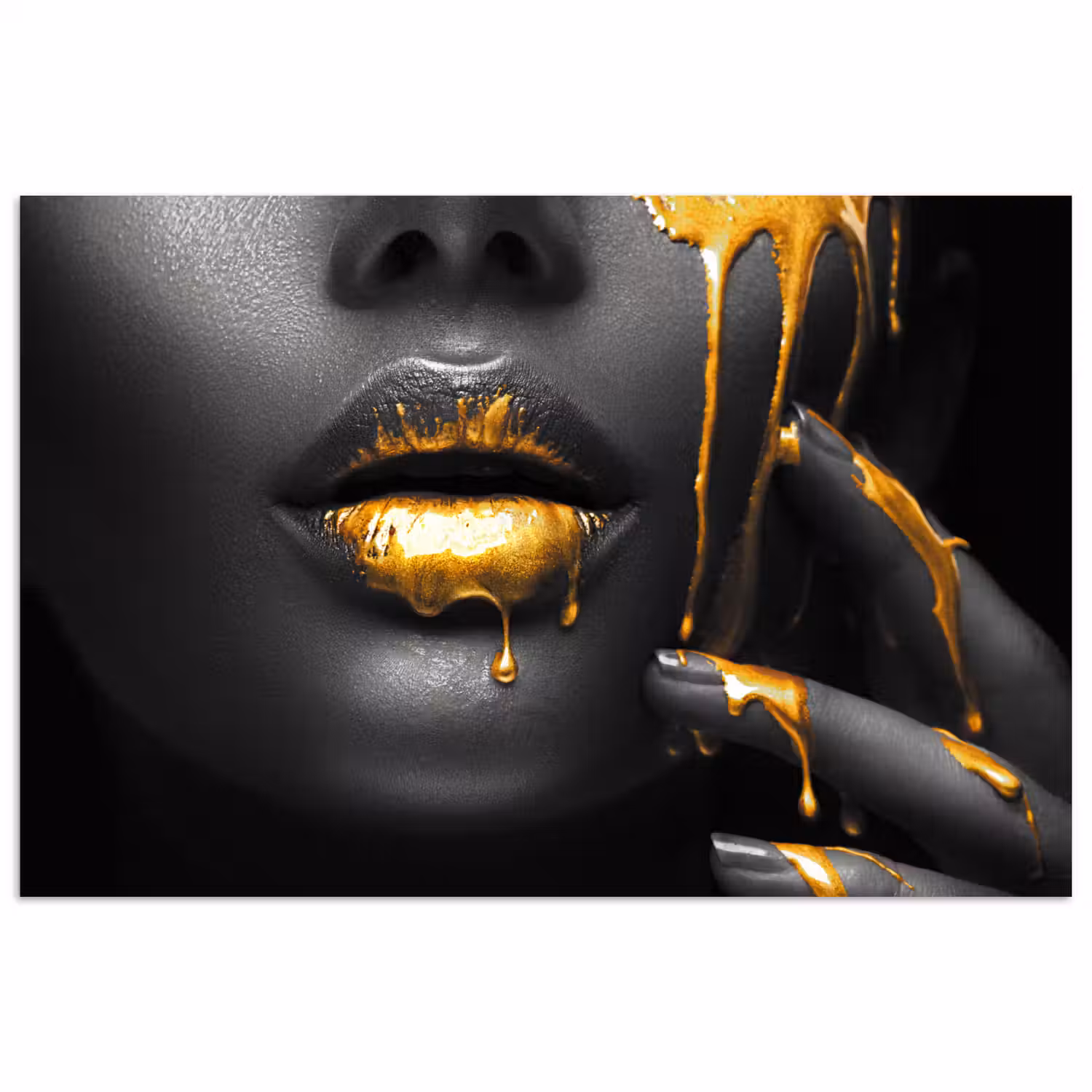Vrouw - Zwart - Goud - Gezicht - Lippen poster papier klein -3d