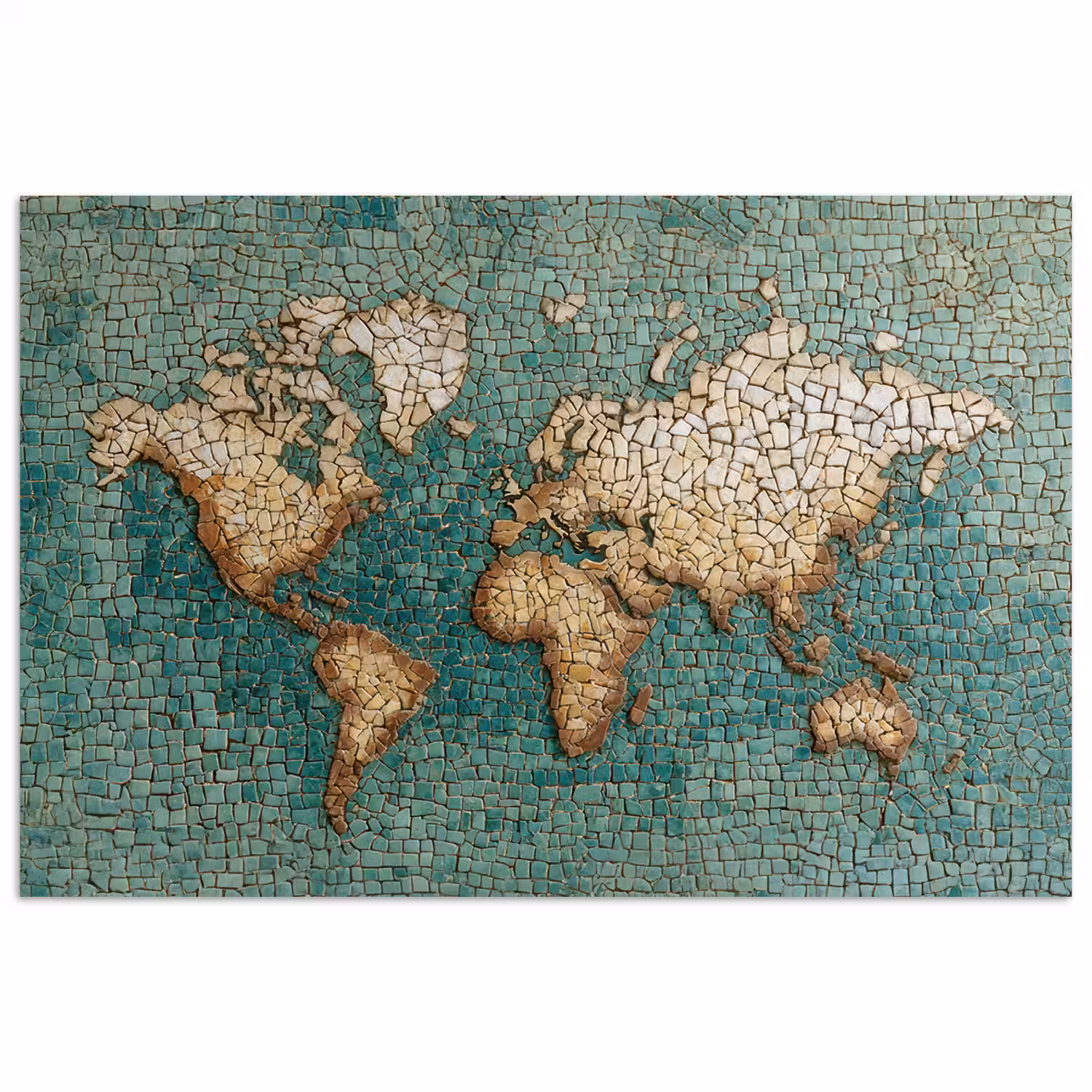 Wereldkaart - Gebroken tegels - Mozaïek poster papier klein -3d