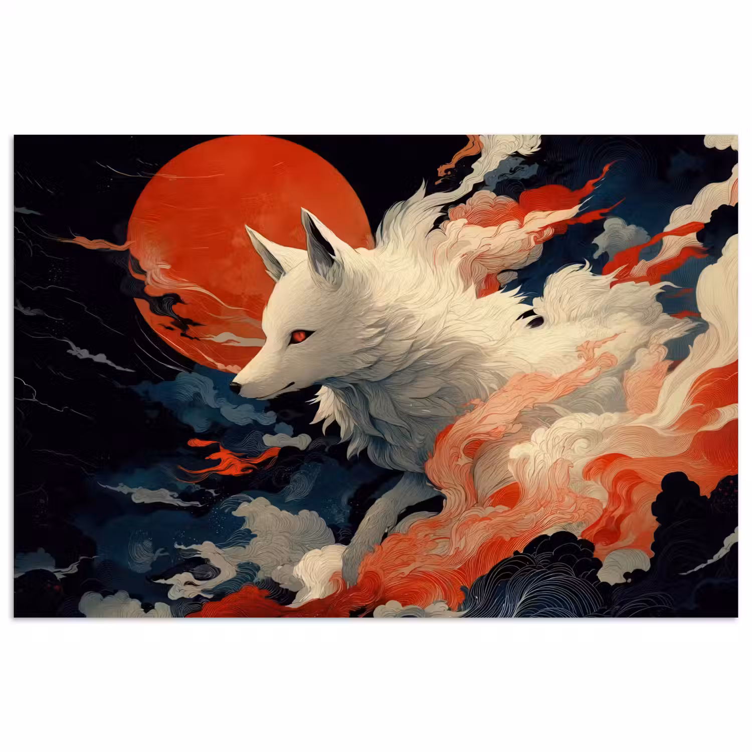 Witte vos - wolken - maan poster papier klein -3d