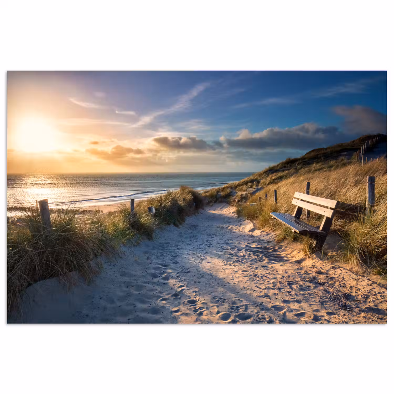 Zonsondergang - Strand - Duin - Gras - Bank poster papier klein -3d