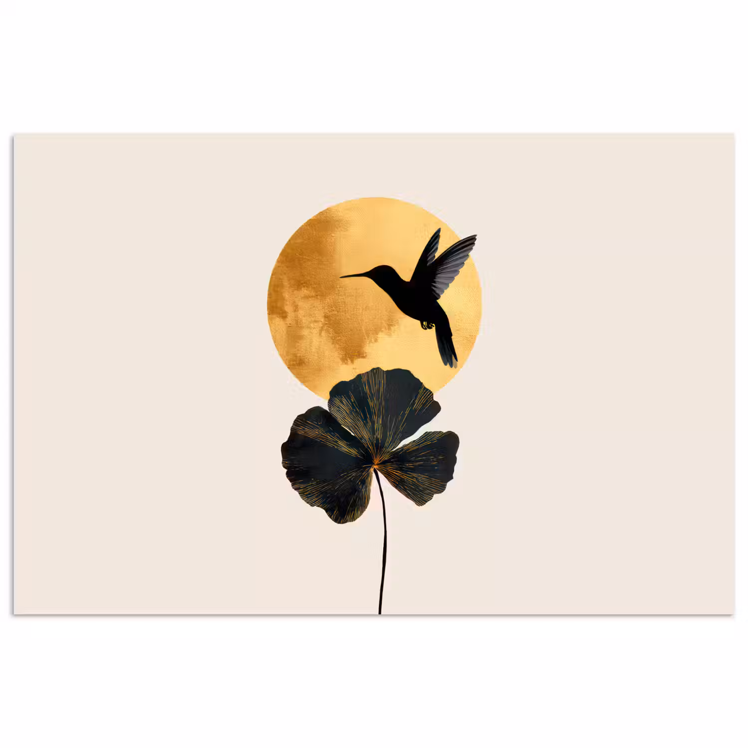 Zwarte kolibrie - Bloem - Gouden cirkel poster papier klein -3d