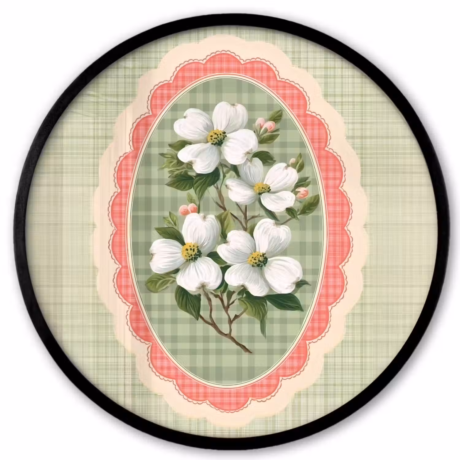 Bloemen - Illustratie - Geruit - Groen Fotolijst rond zonder passe partout klein -3d