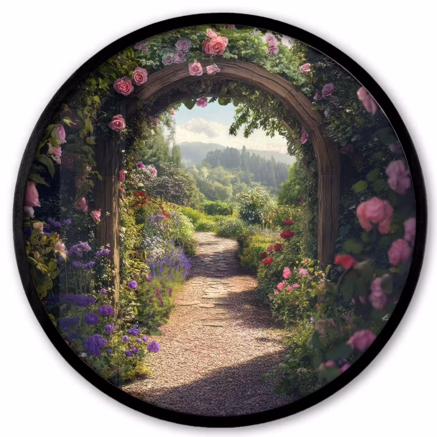 Doorkijk - Landschap - Bloemen - Rozenboog - Natuur Fotolijst rond zonder passe partout klein -3d