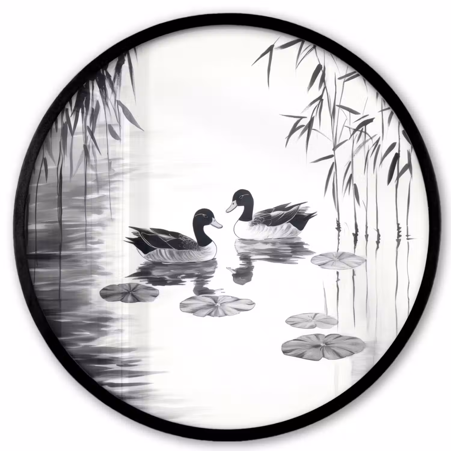 Eenden - Waterlelies - Riet - Zwart Fotolijst rond zonder passe partout klein -3d