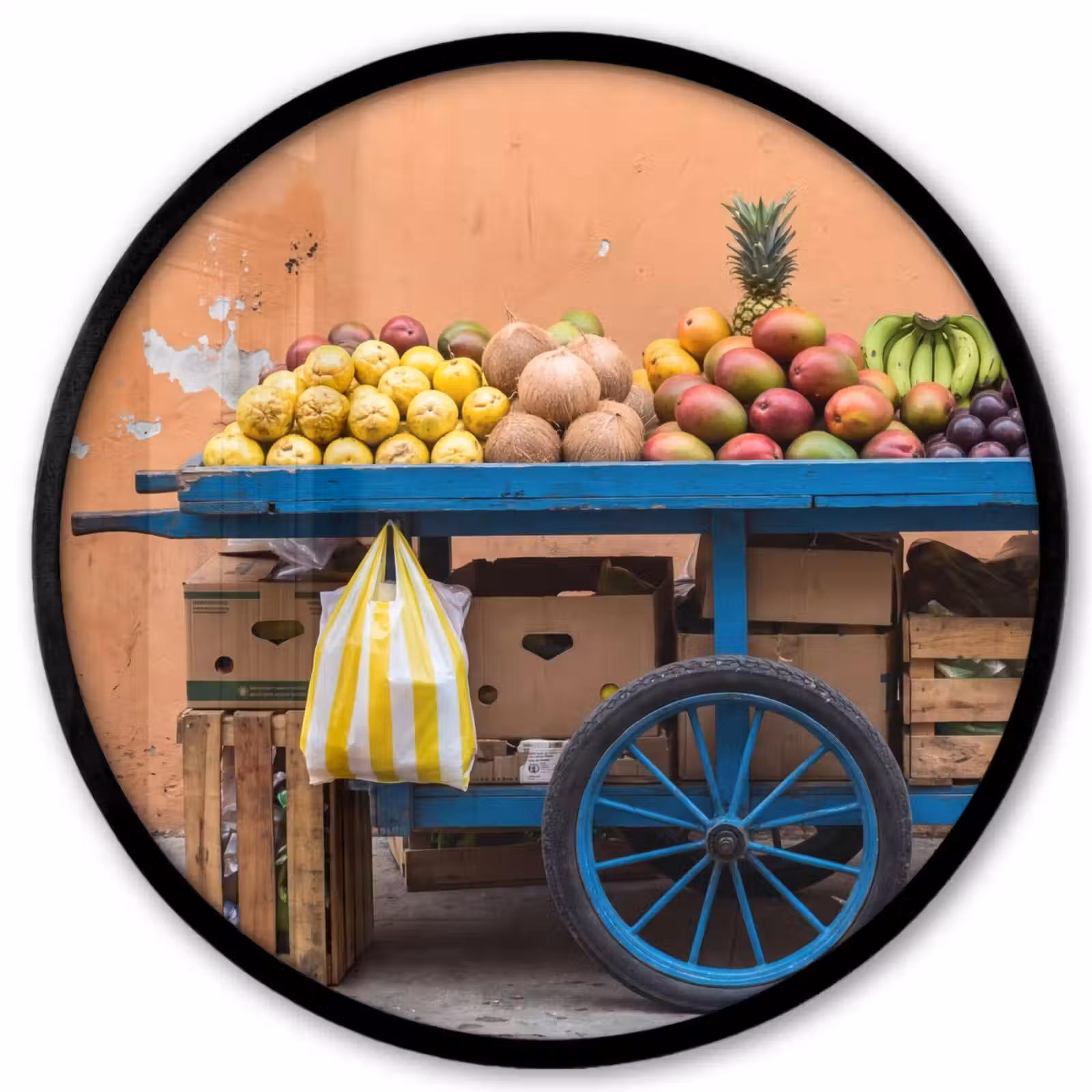 Ronde fotolijst - Fruit - Kar - Straat - Fruit - Kar - Straat Fotolijst rond zonder passe partout klein