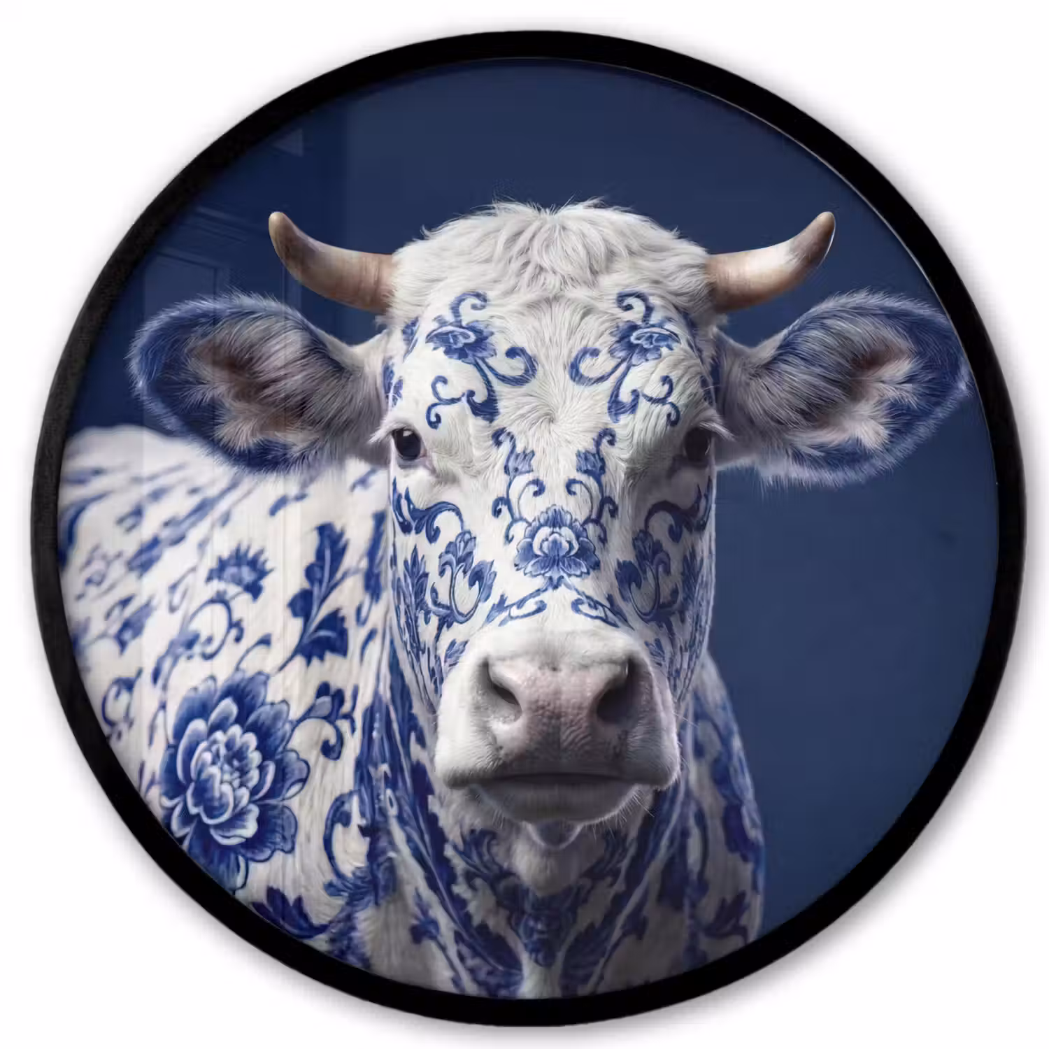Koe - Delfts - Blauw - Artistiek Fotolijst rond zonder passe partout klein -3d