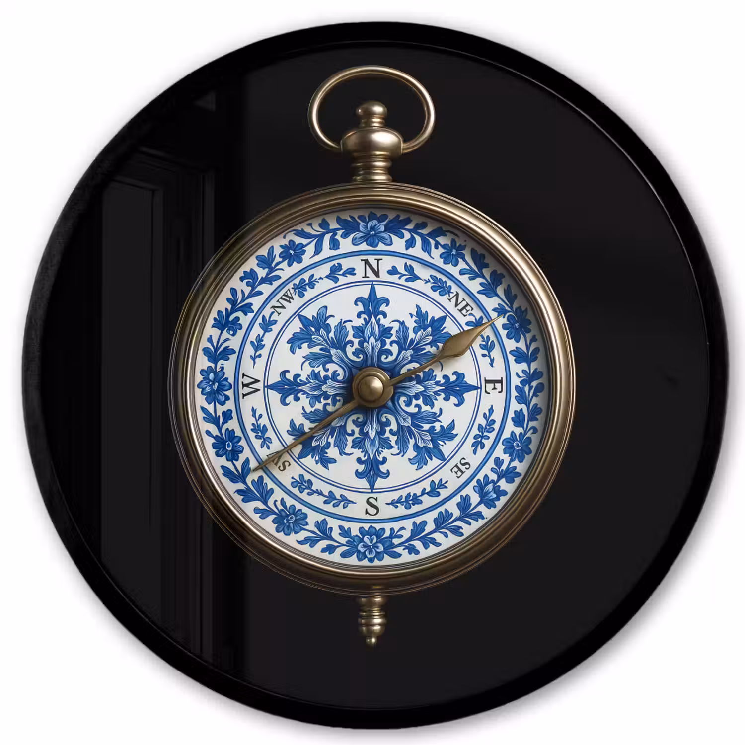 Kompas - Delfts blauw - Zwart Fotolijst rond zonder passe partout klein -3d