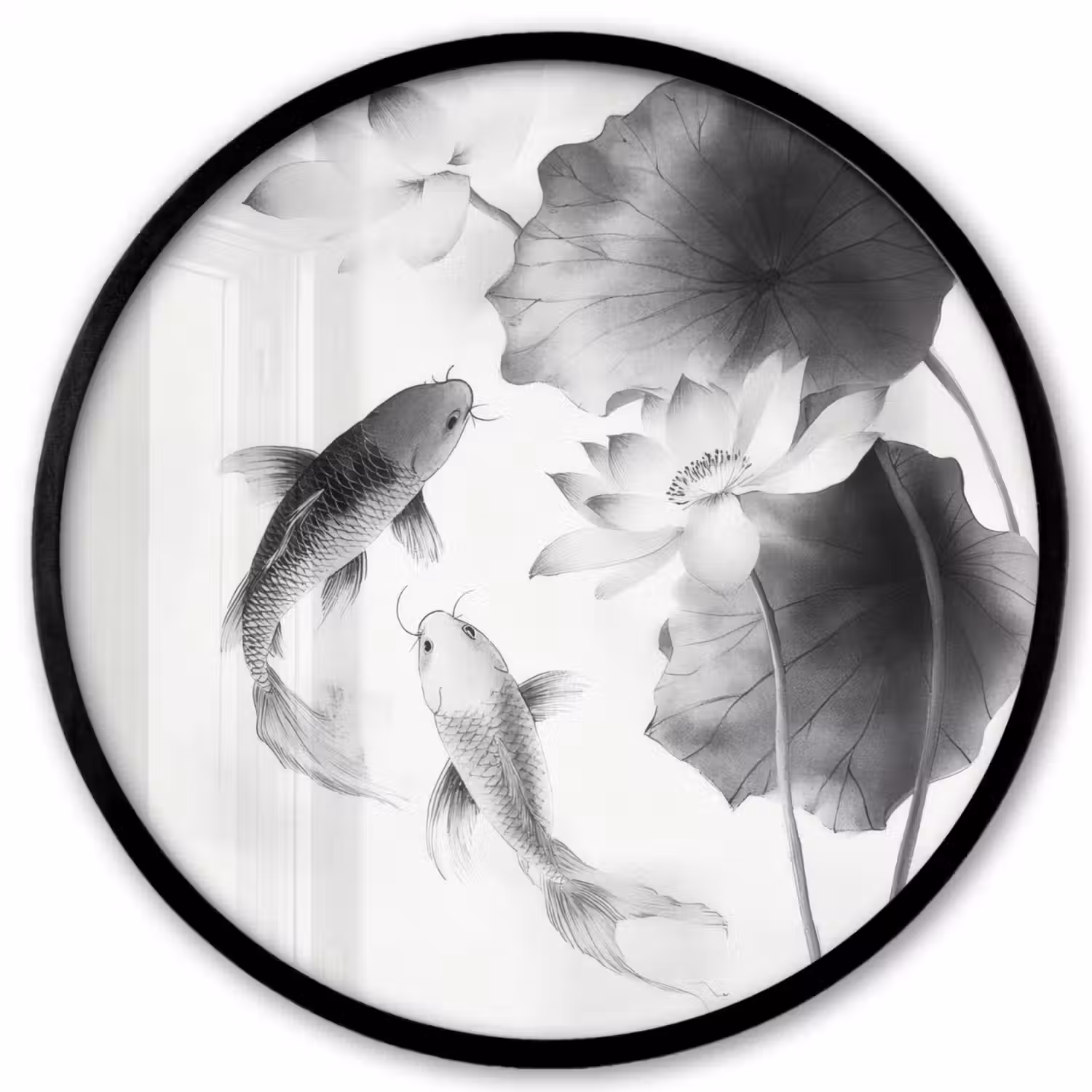 Lotusbloemen - Vissen - Bladeren - Zwart Fotolijst rond zonder passe partout klein -3d