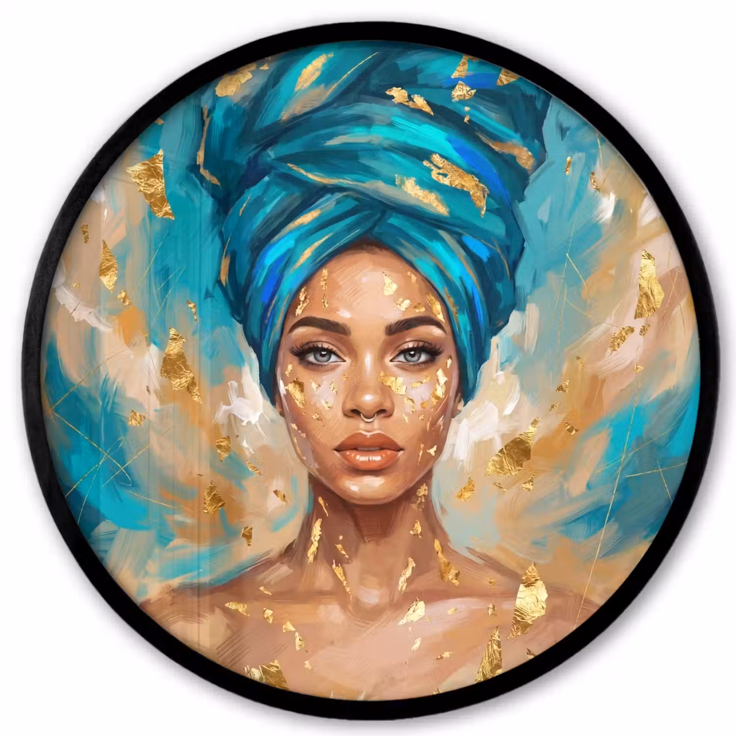 Portret - Vrouw - Schilderij - Blauw - Goud - Expressief Fotolijst rond zonder passe partout klein -3d