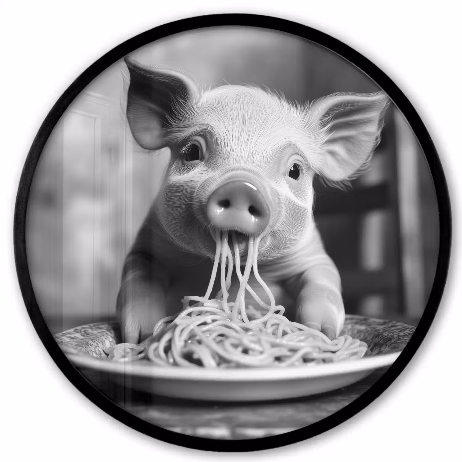 Varken - Schattig - Spaghetti - Zwart wit - Dier Fotolijst rond zonder passe partout klein -3d