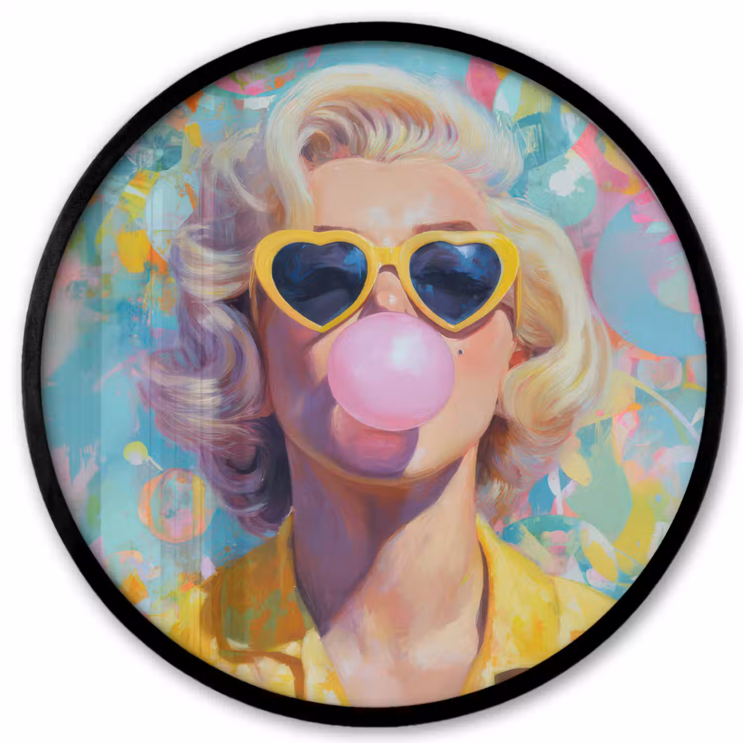 Vrouw - Blond - Roze kauwgom - Kleurrijk - Pastel Fotolijst rond zonder passe partout klein -3d