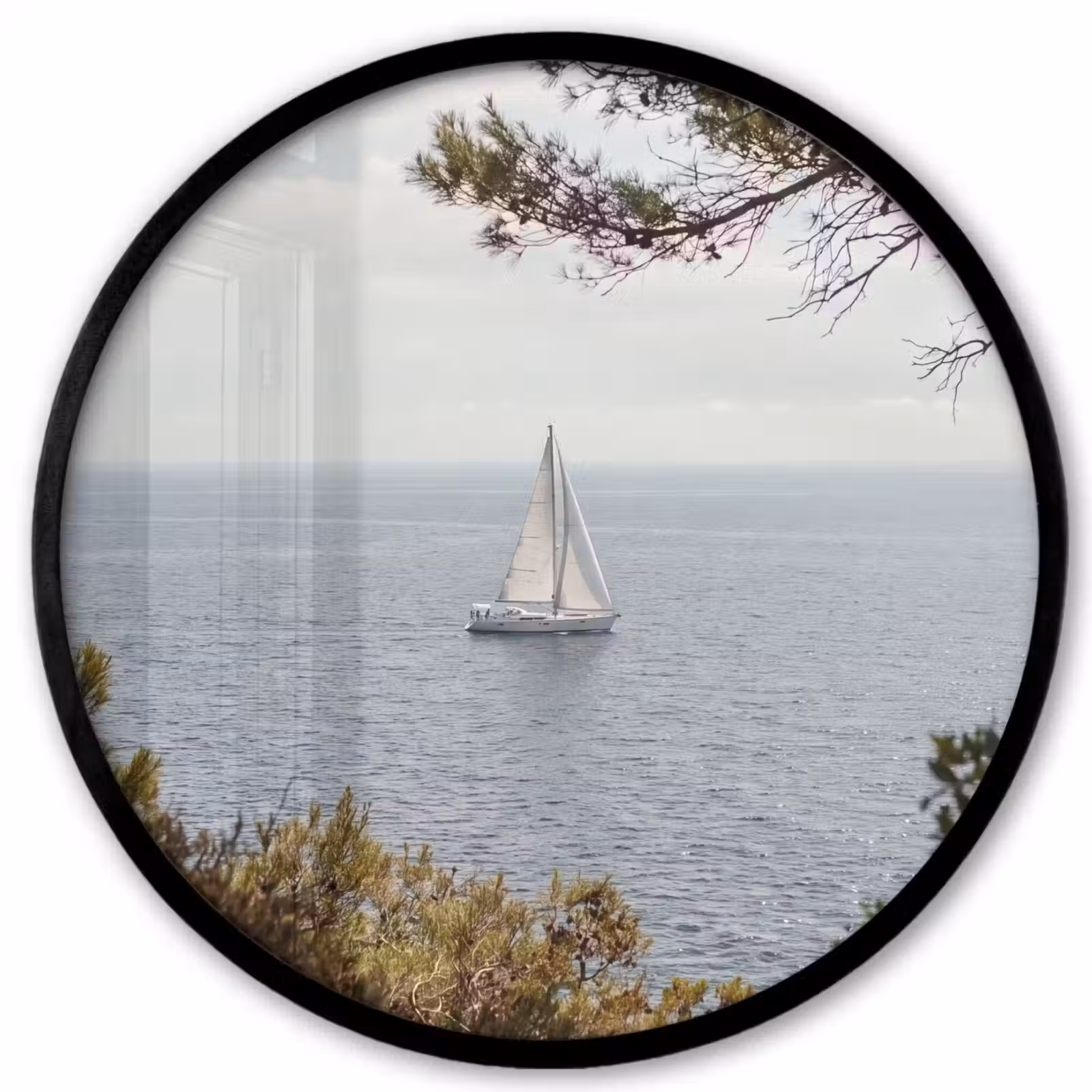 Ronde fotolijst - Zeilboot - bomen - water - Zeilboot - bomen - water Fotolijst rond zonder passe partout klein