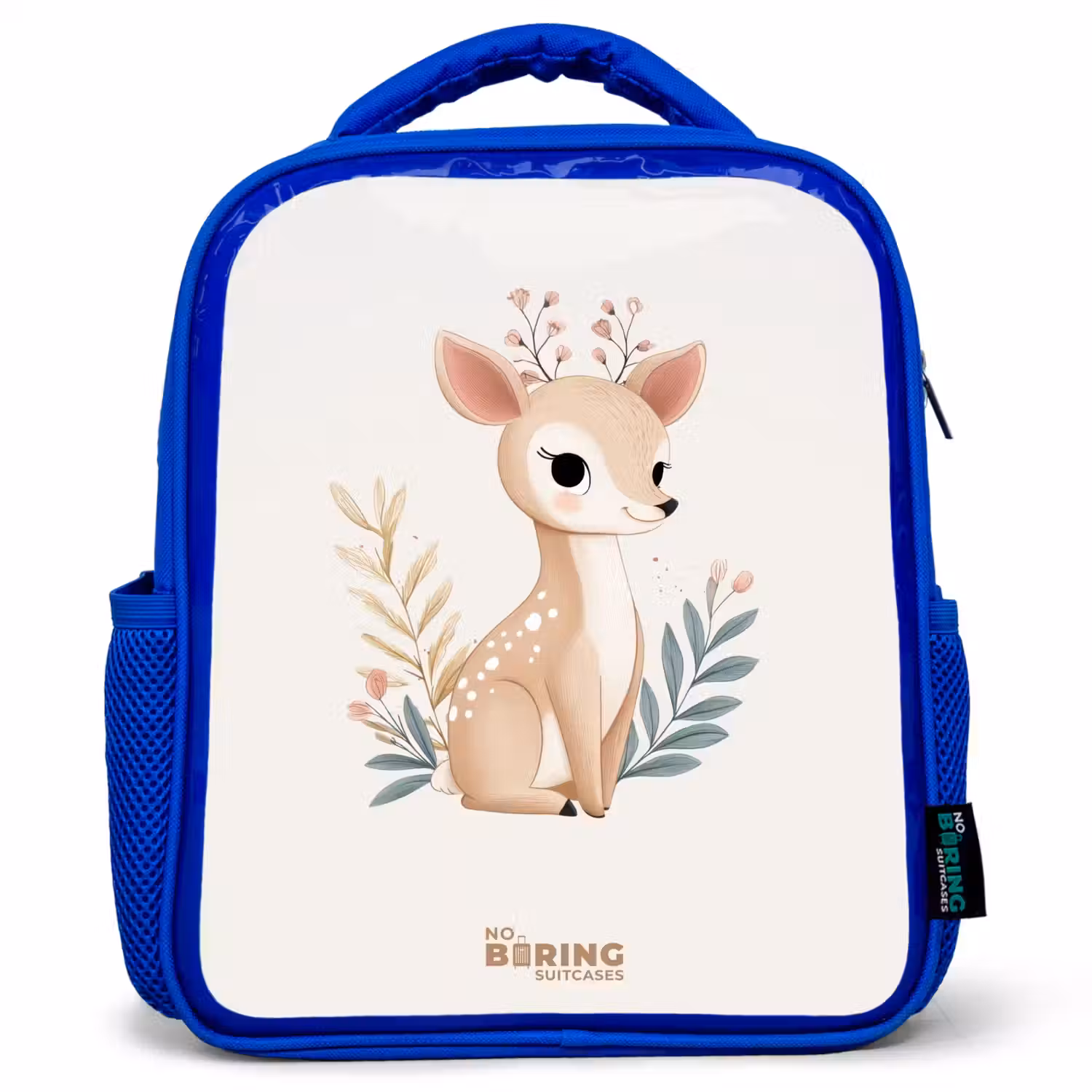 Hertje omringd door planten in beige tinten Kinderrugzak - Blauw middel -3d