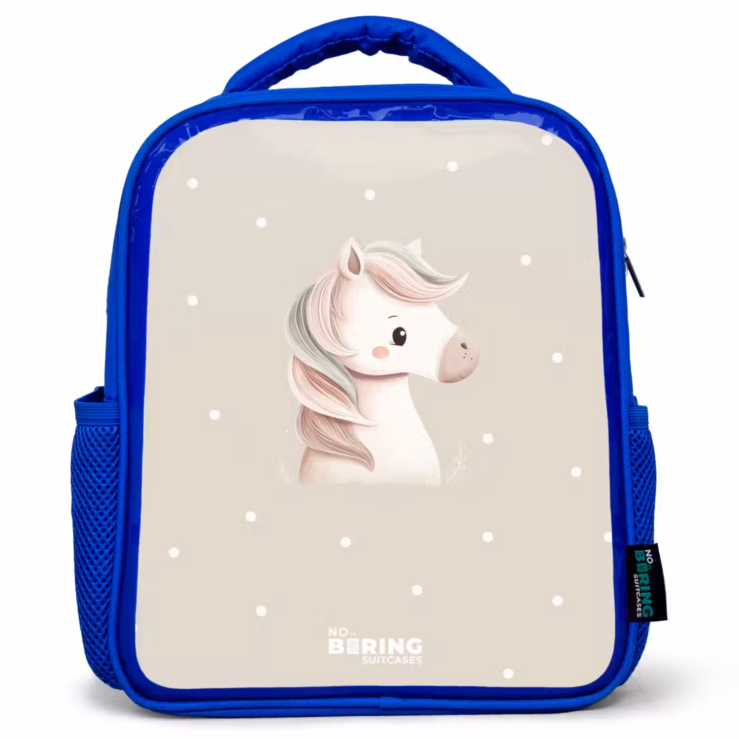 Pony omringd door stippen in beige kleuren Kinderrugzak - Blauw middel -3d