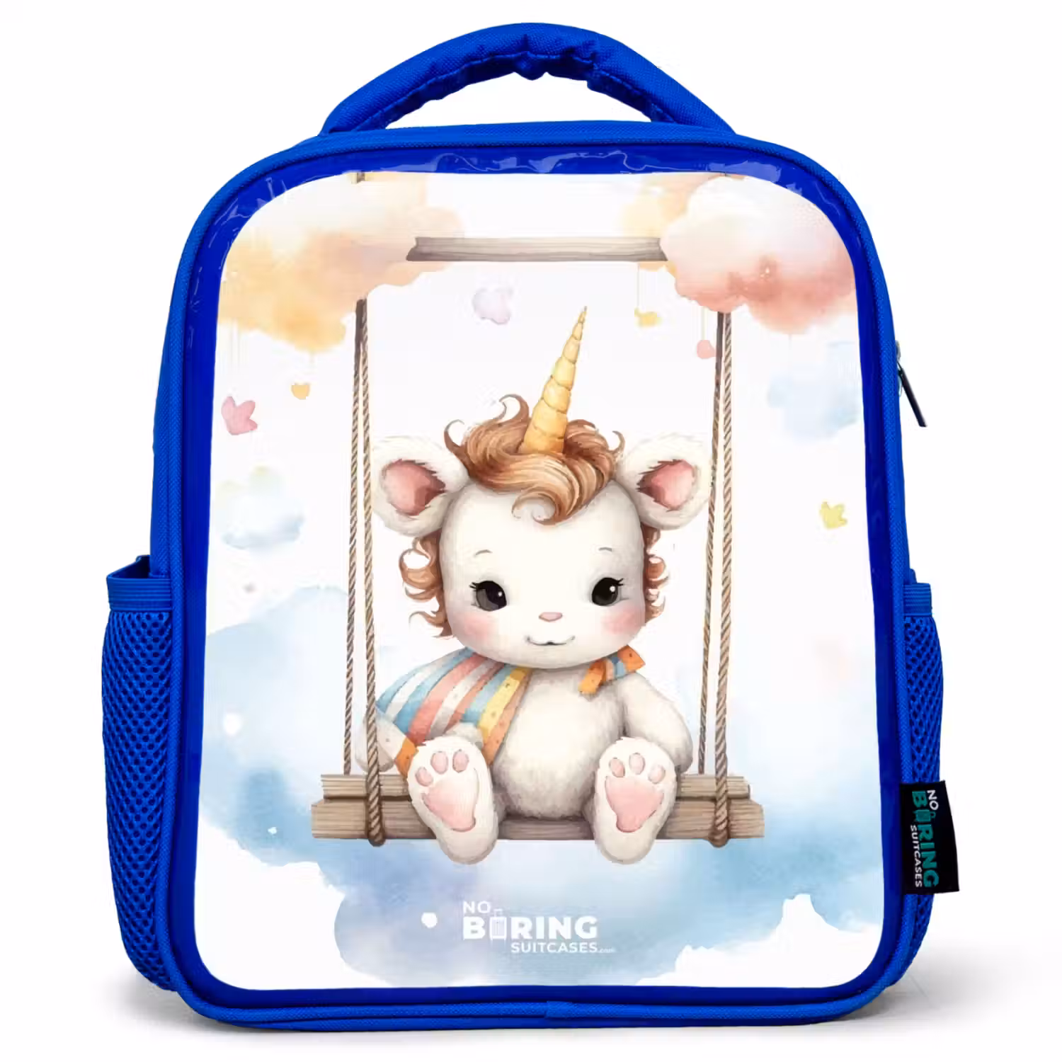 Schommelende baby eenhoorn Kinderrugzak - Blauw middel -3d