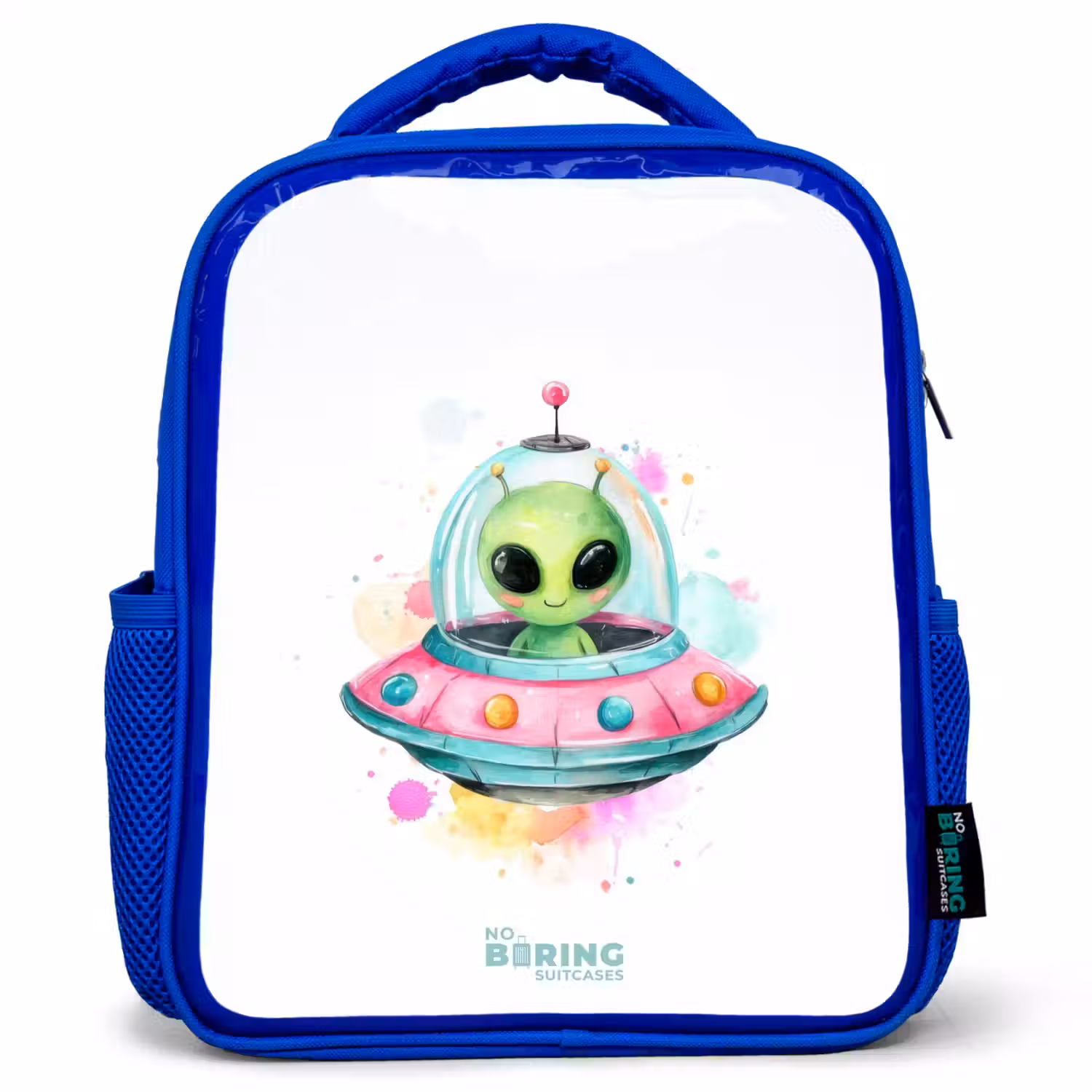Groene alien in kleurrijke UFO Kinderrugzak - Blauw middel -3d